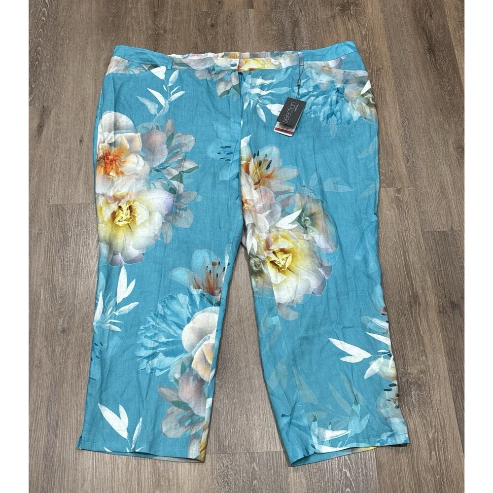 Ulla Popken Linen Pants Size 30 Blue Floral Resort Cruise Coastal Summer NEW